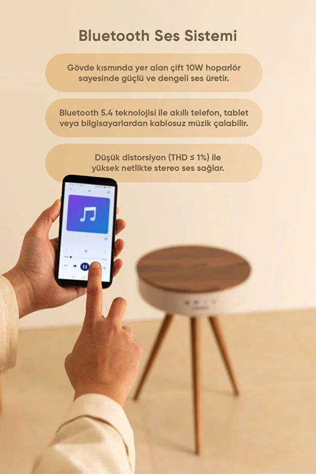 Bluetooth Hoparlör Hızlı Şarj Destekli Ahşap Ayaklı Kablolu Sehpa Speaker